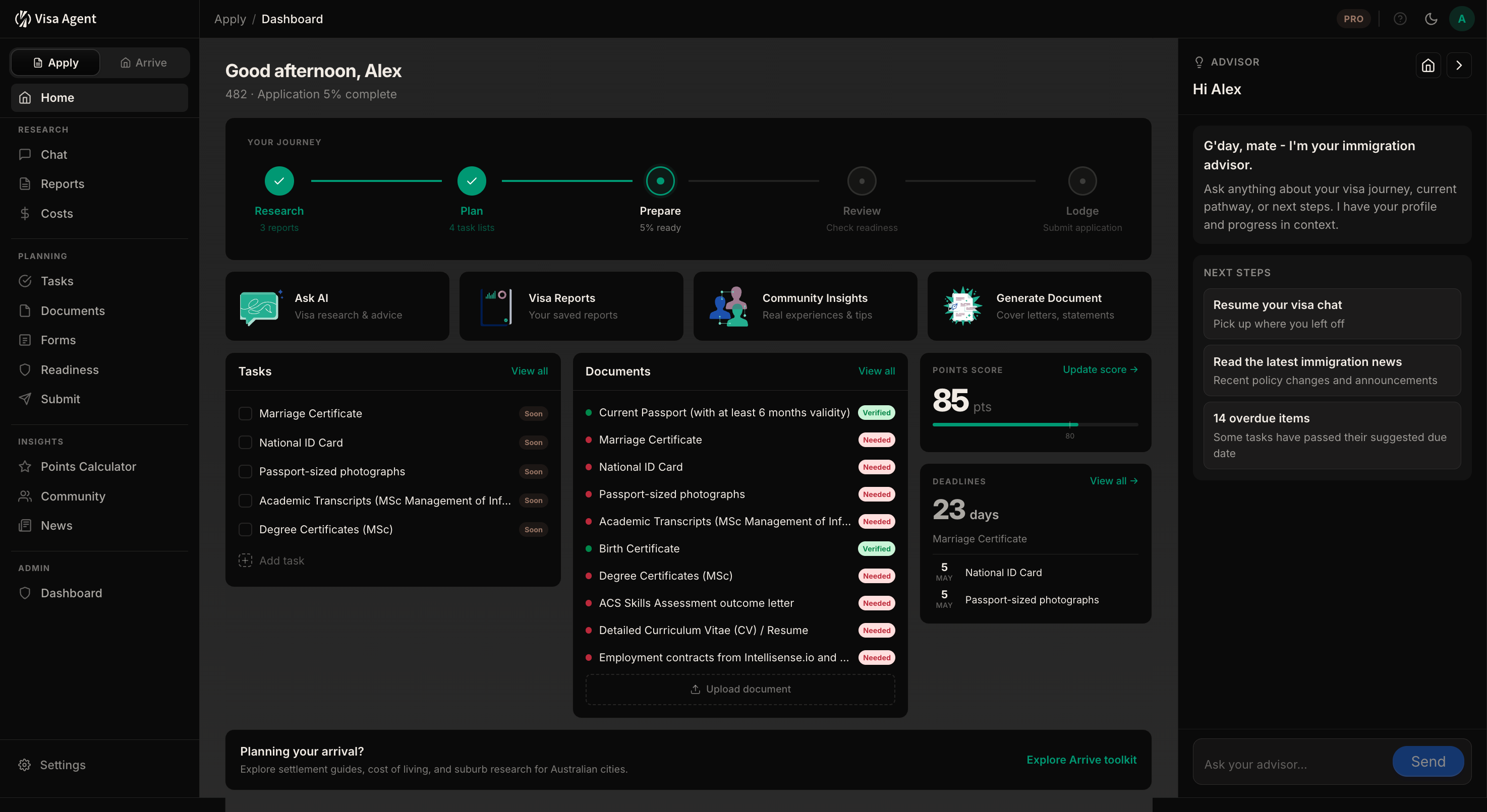 Visa Agent dashboard showing visa journey progress, task management, document tracking, points score, deadlines, and AI advisor