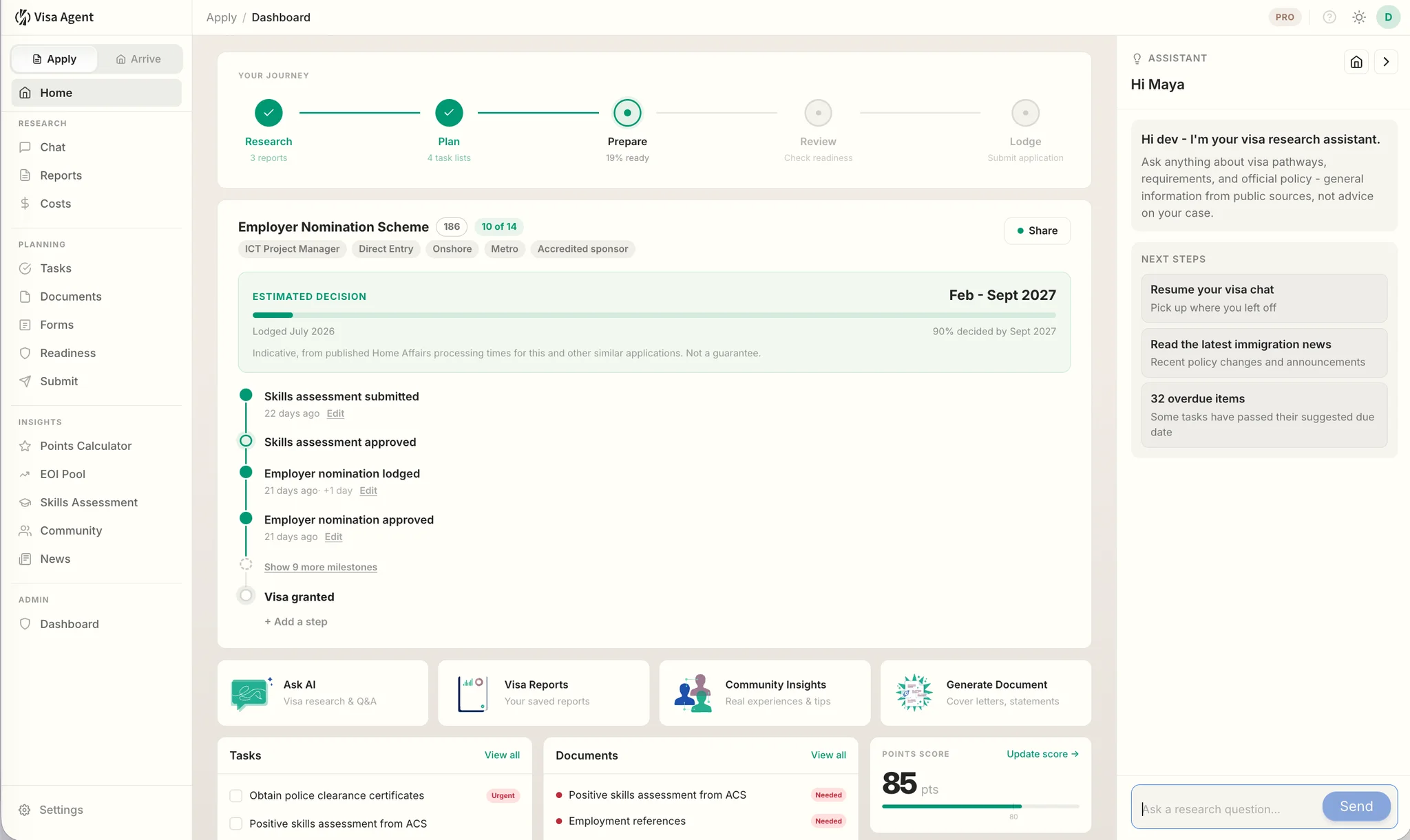The Visa Agent dashboard: a visa journey tracker, an application timeline, tasks, documents, a points score and an AI assistant panel.