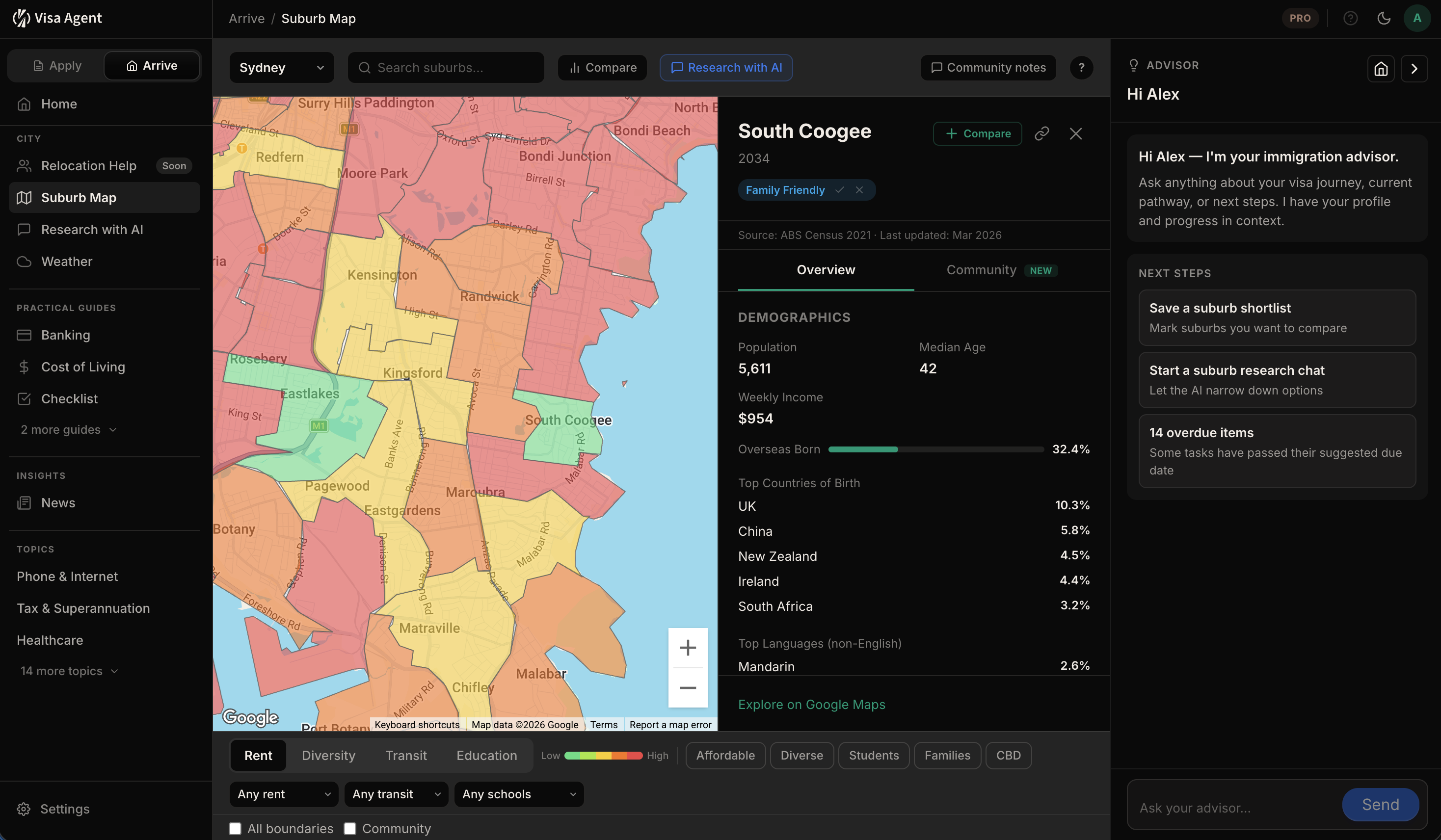 Suburb Map tool showing Sydney neighbourhoods with rent overlay, demographics panel, and community insights