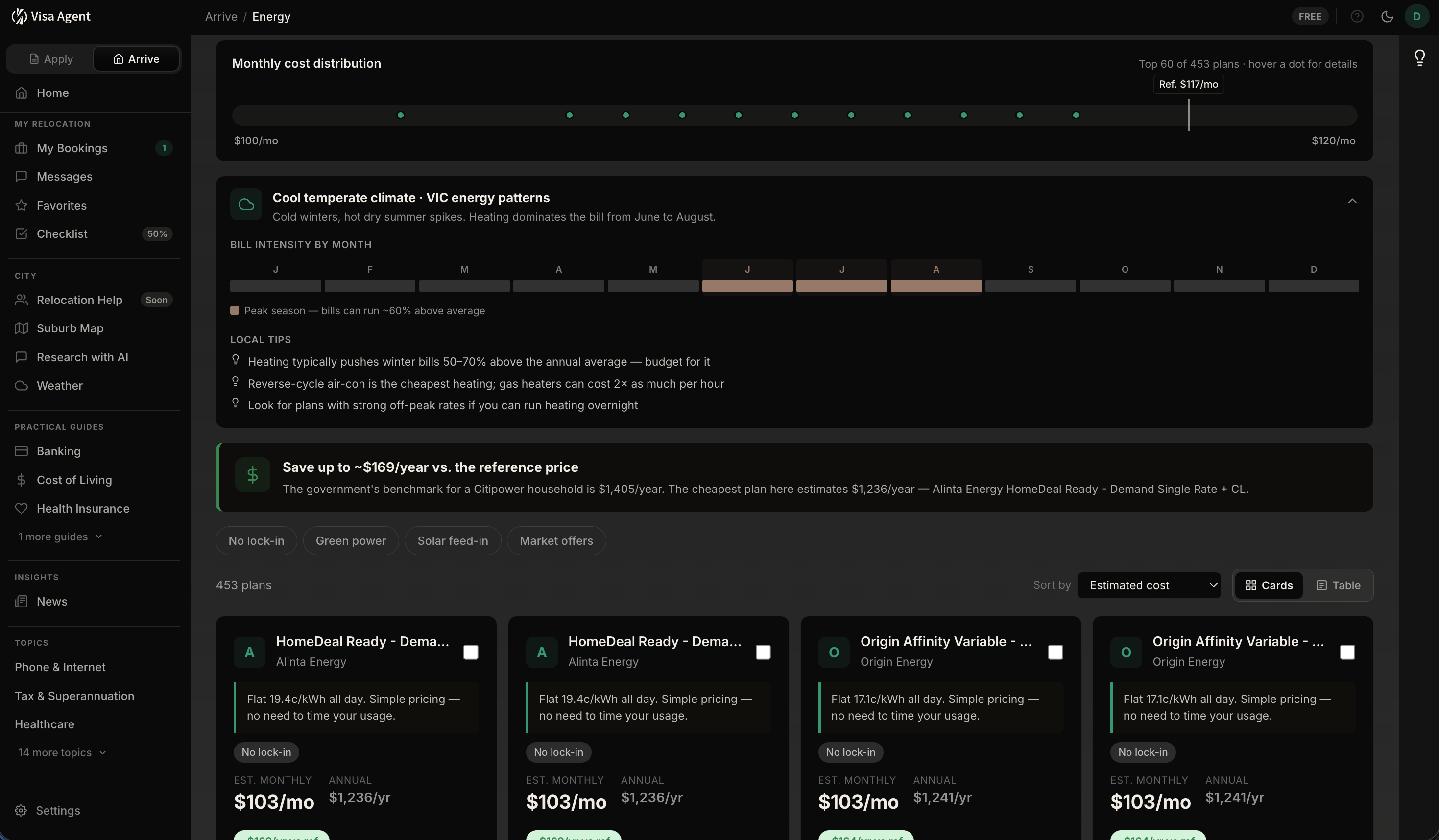 Utilities Advisor tool showing 453 energy plans ranked by cost with climate insights and TOU tariff heatmap