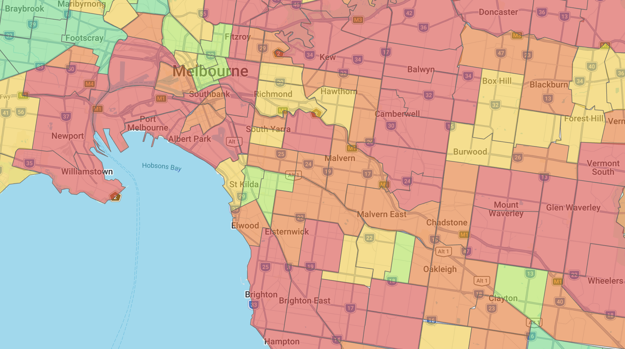 Melbourne suburb map colored by median rent